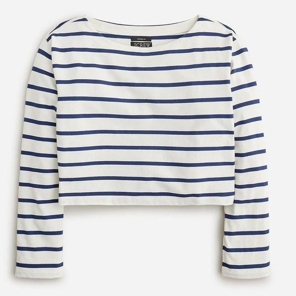J. Crew Tops - J Crew Cropped Boatneck T-shirt in Mariner Cotton Blue Stripe Sz 2X NEW Preppy